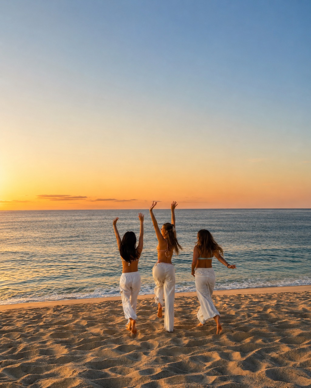Friends enjoying a sunset walk along the beach